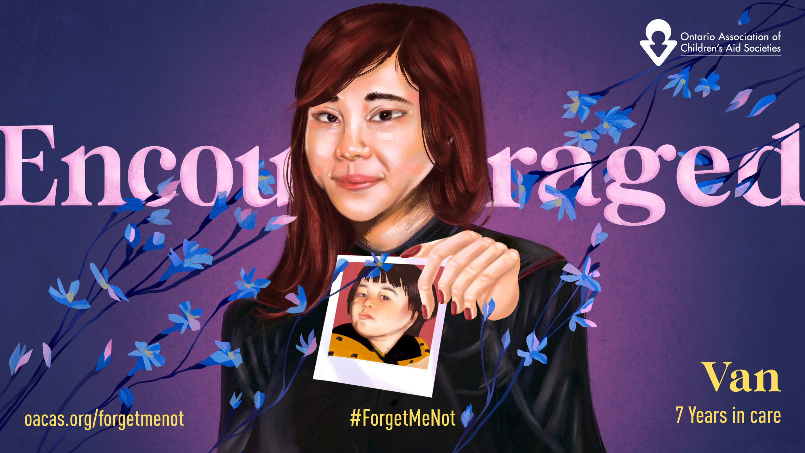 ILLUSTRATION OF WOMAN HOLDING POLAROID OF A CHILDHOOD PHOTO OF HERSELF WITH THE WORD ENCOURAGED BEHIND HER